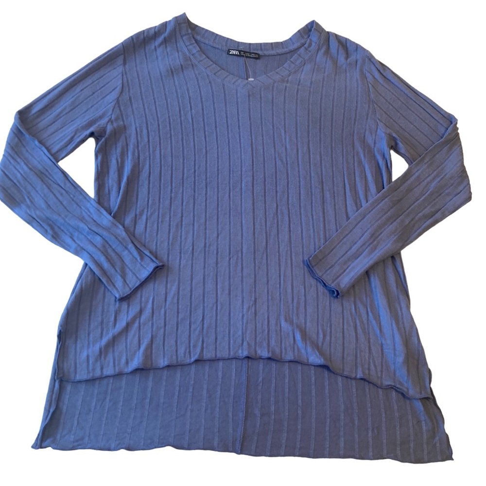 Zara blue ribbed v-neck tunic sweater high low hem size L large NWOT